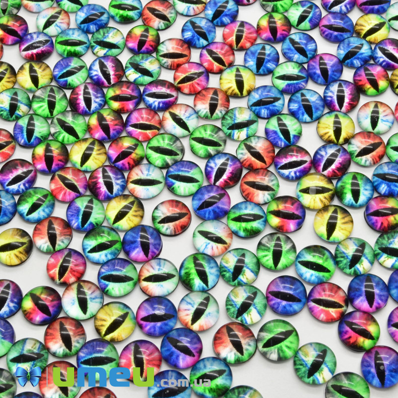 Кабошони скляні з принтом Око, 8 мм, Круглі, Мікс (KAB-050706)