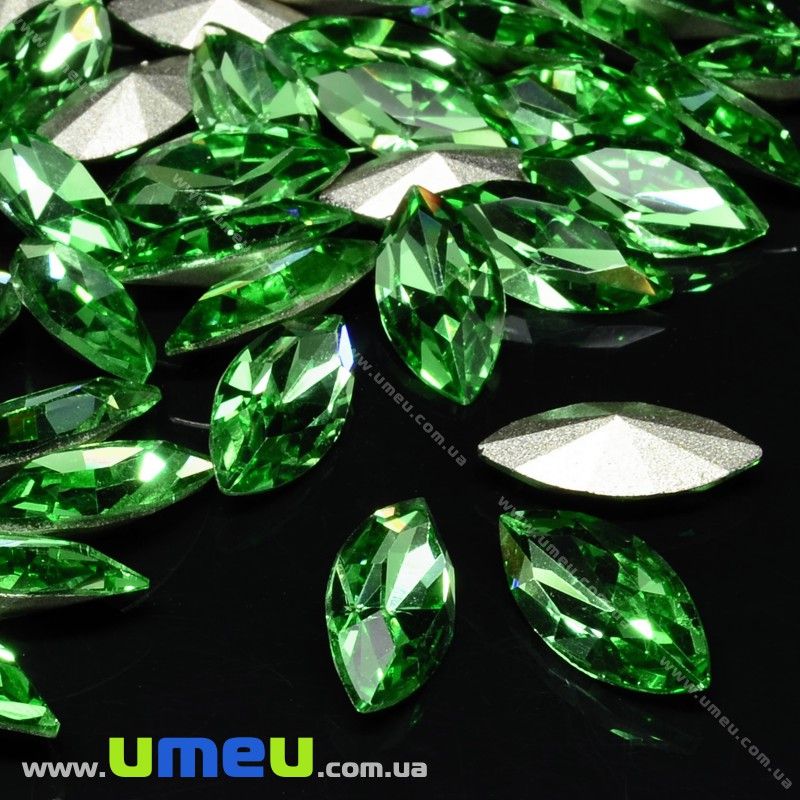 Ріволі скляний, Човник гранований, 10х5 мм, Зелений (KAB-025835)