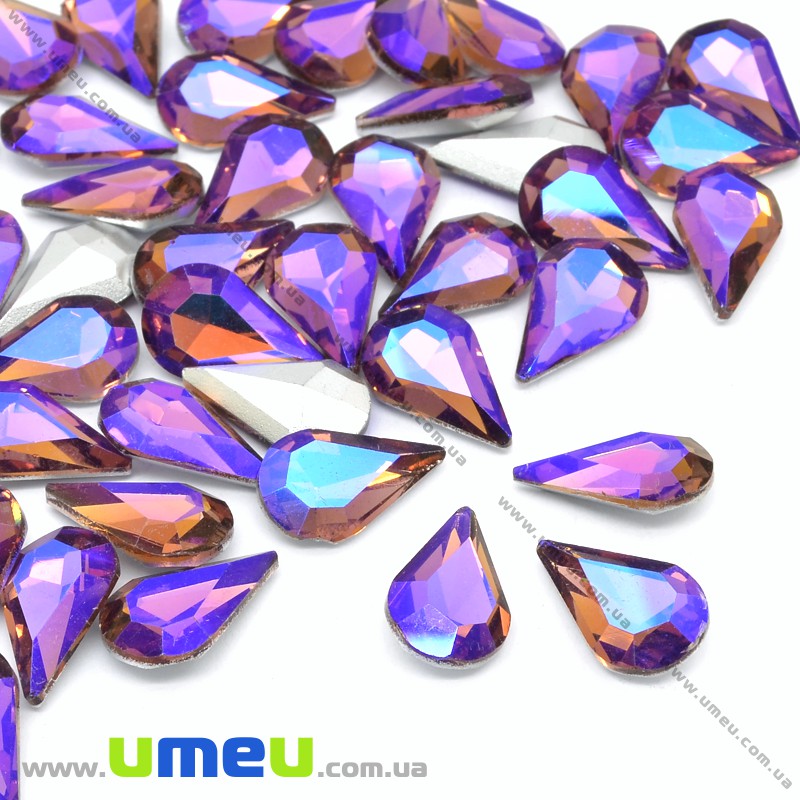 Ріволі скляний, Крапля гранована, Райдужний, 13х8 мм, Фіолетовий АВ (KAB-034008)