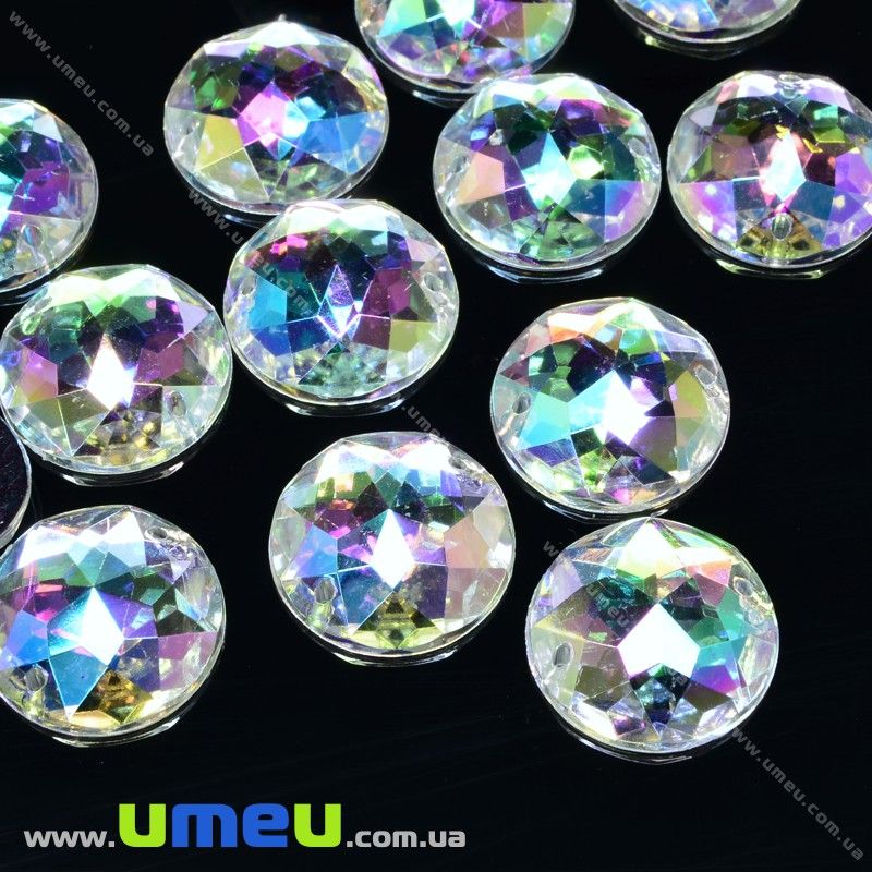 Пришивний кристал пласт. Круглий гранований, 15 мм, Білий АВ (KAB-030582)