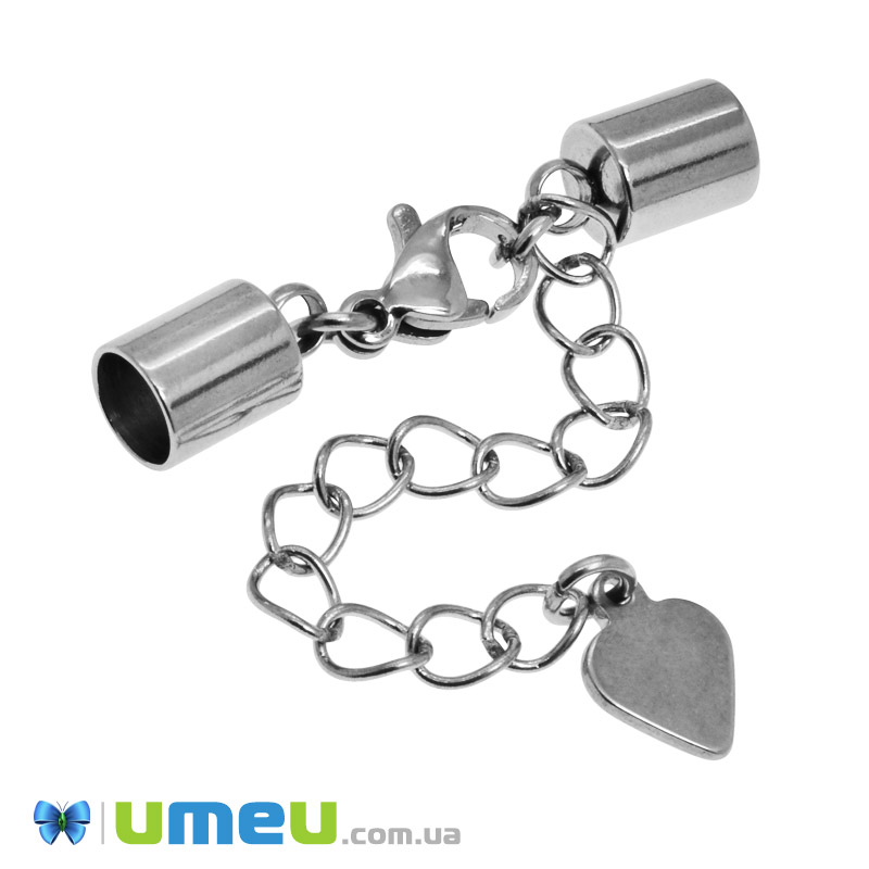 Замок-карабін з ковпачками та подовжувачем з нерж. сталі, 3,5 см, Темне срібло (STL-049037)