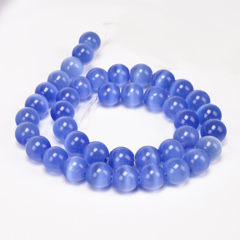Намистини Котяче око, Синт. камінь, 10 мм, Блакитні, Круглі (BUS-054249)
