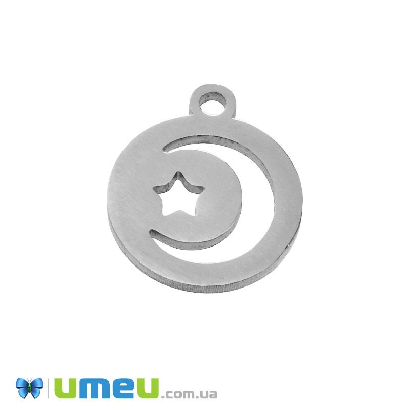Підвіска з нержавіючої сталі Місяць із зіркою, 14х12 мм, Темне срібло (STL-049164)