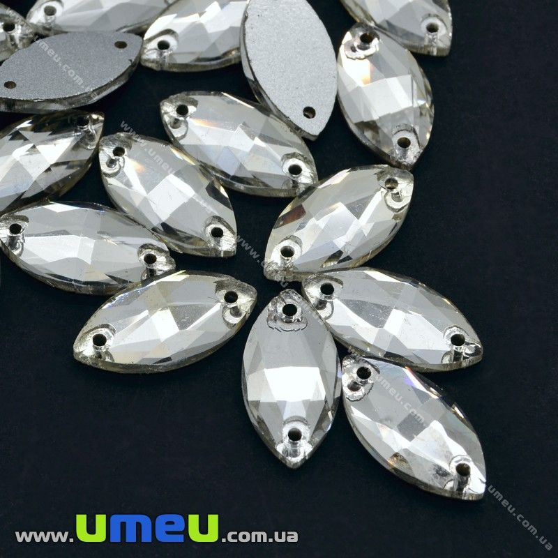Пришивний кристал скляний Човник гранований, 12х6 мм, Білий (KAB-012576)