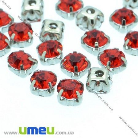 Пришивні пластикові стрази в цапах, 6 мм, Червоні (STR-007841)