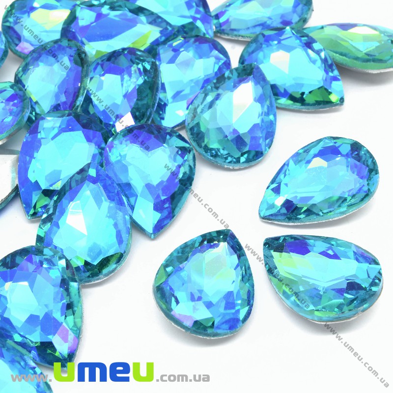 Ріволі скляний, Крапля гранована, Райдужний, 25х18 мм, Блакитний АВ (KAB-033977)