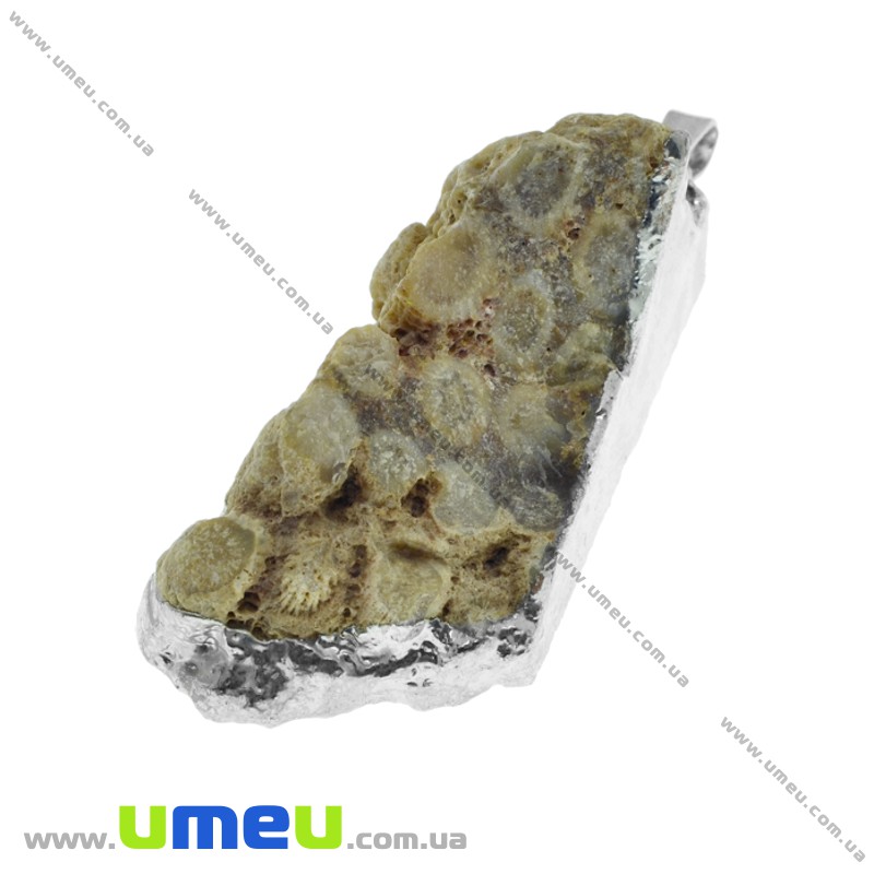 Підвіска з натурального каменю в металі, Корал скам'янілий, 58х28 мм (POD-026068)