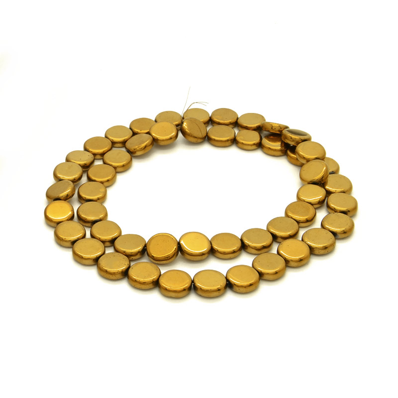 Намистини Гематит, Нат. камінь, Круглі плоскі, 8х3 мм, З покриттям, Золотисті (BUS-054020)