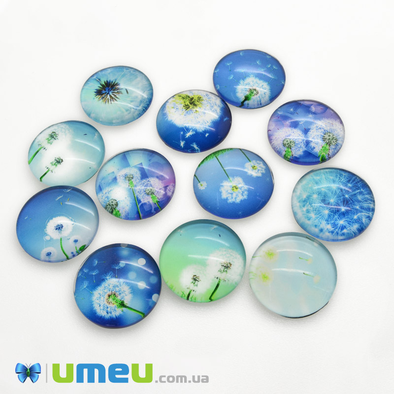 Кабошони скляні з принтом Кульбаба, 25 мм, Круглі, Мікс (KAB-050695)