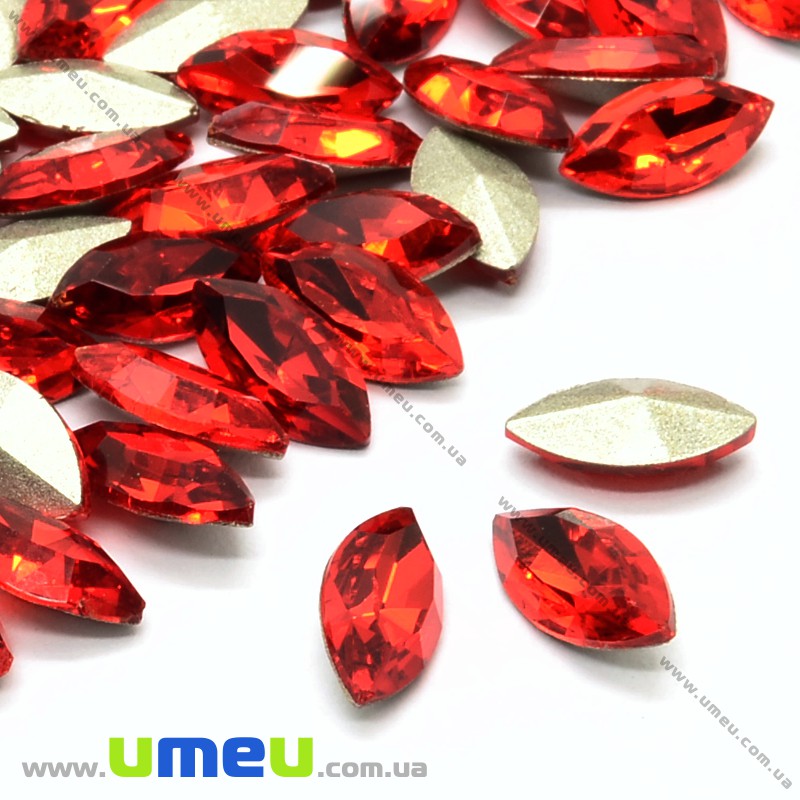 Ріволі скляний, Човник гранований, 15х7 мм, Червоний (KAB-026026)