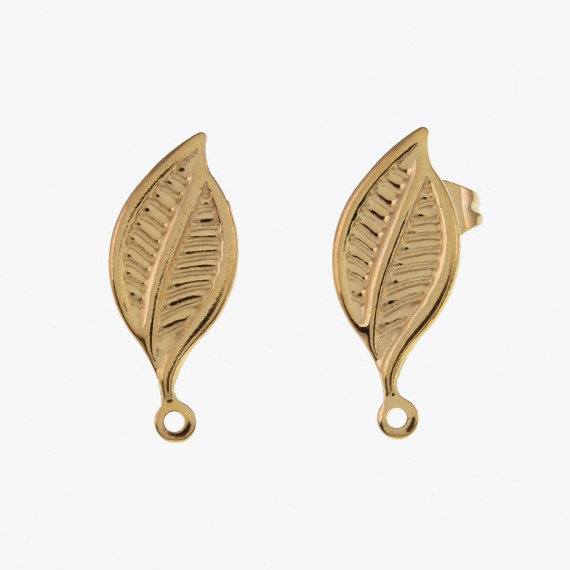 Пусети з нерж. сталі з заглушками, Листочки, 19х8 мм, Золото (STL-055775)