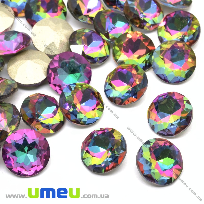 Ріволі скляний, Круглий гранований, Кристал, 10 мм, Різнобарвний (KAB-033953)