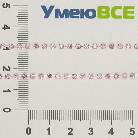 Стразовий ланцюг SS8 (2,4 мм), Світле срібло, Стрази скляні рожеві (ZEP-007765)