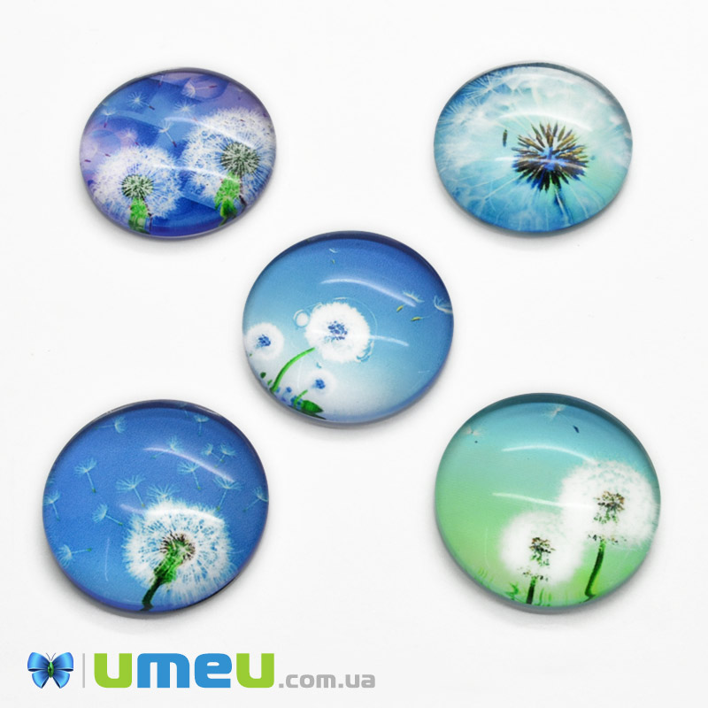 Кабошони скляні з принтом Кульбаба, 25 мм, Круглі, Мікс (KAB-050695)