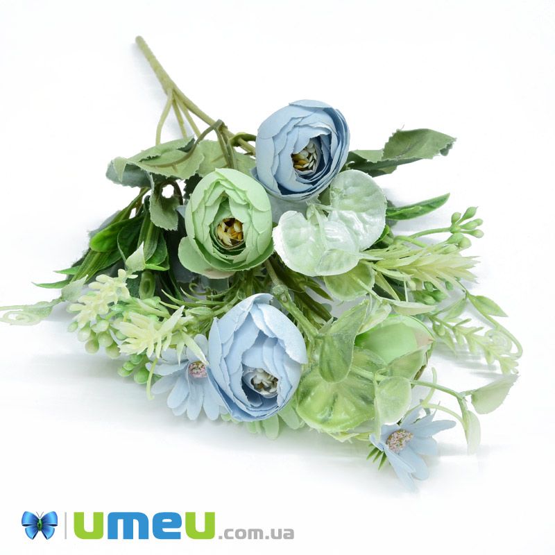 Букет півонії з ромашками, 34 см, М'ятно-блакитний (DIF-045796)