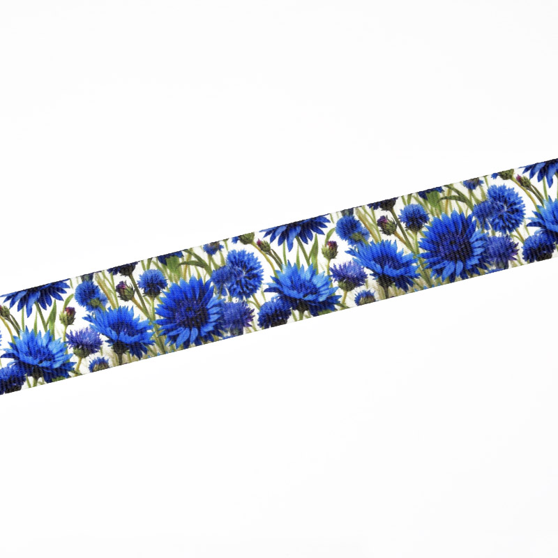 Репсова стрічка з малюнком Волошки, 25 мм, Біла (LEN-061755)