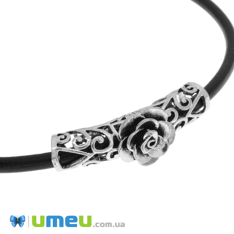 Намистина мет. Трубочка з квіткою, 43х9,5 мм, Античне срібло (BUS-039060)