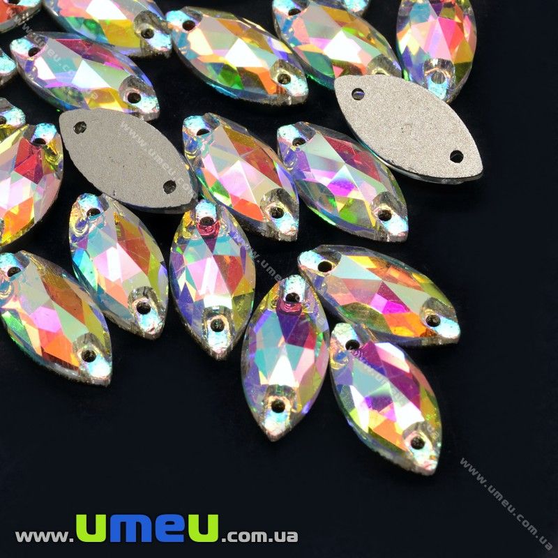 Пришивний кристал скляний Човник гранований, 12х6 мм, Білий АВ (KAB-012596)