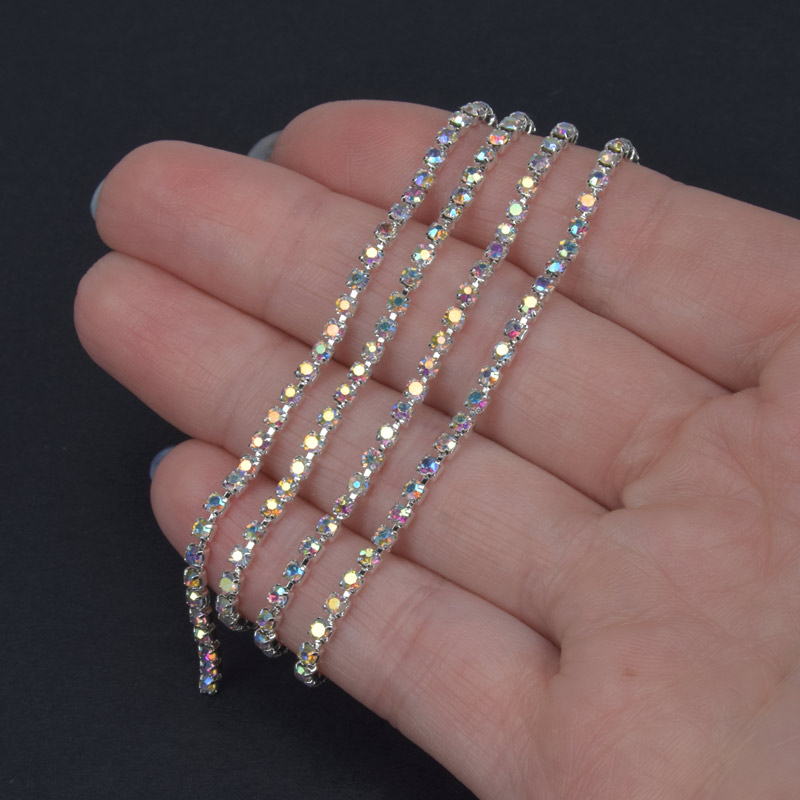 Стразовий ланцюг SS6 - 2,0 мм, Світле срібло, Стрази скляні білі АВ (ZEP-036408)