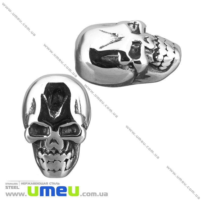 Бусина из нержавеющей стали Череп, 13х8,5х7 мм, Темное серебро (STL-036517)
