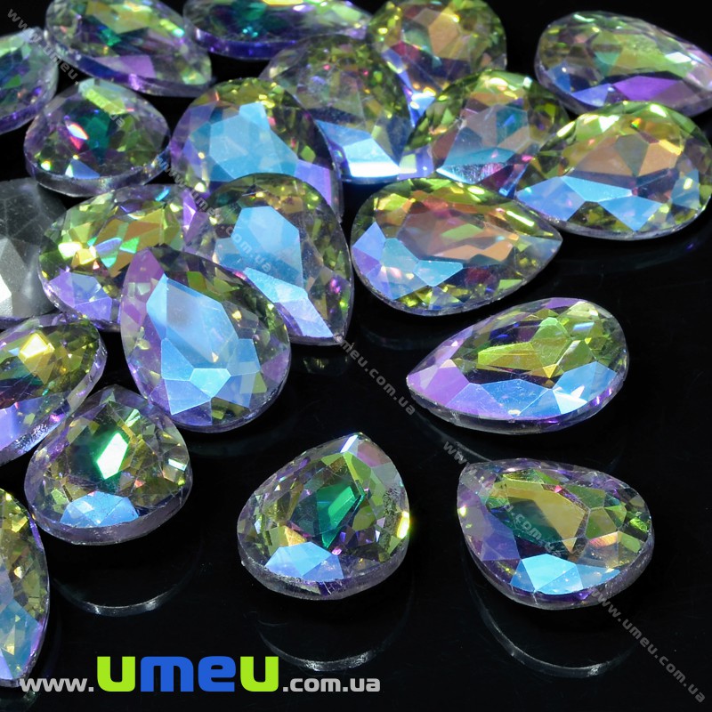 Ріволі скляний, Крапля гранована, Райдужний, 18х13 мм, Бузковий АВ (KAB-033973)