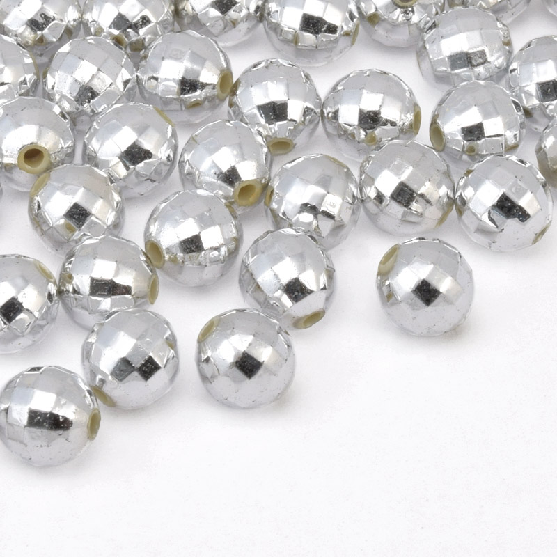 Намистини для сумок ОПТ, Пластикові, Круглі грановані, 8 мм, Сріблясті (BUS-059712)