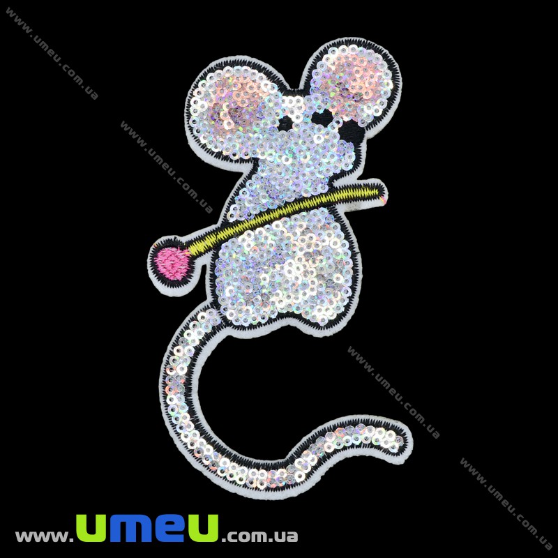 Термоаплікація з паєтками Мишка, 13х8 см, Біла (APL-033369)