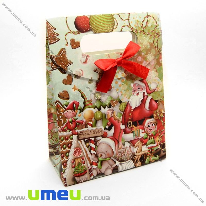 Подарунковий пакет на липучці, Новорічний, 16х12х6 см (UPK-009689)
