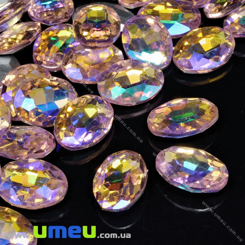 Ріволі скляний, Овал гранований, Райдужний, 14х10 мм, Рожевий світлий АВ (KAB-034002)