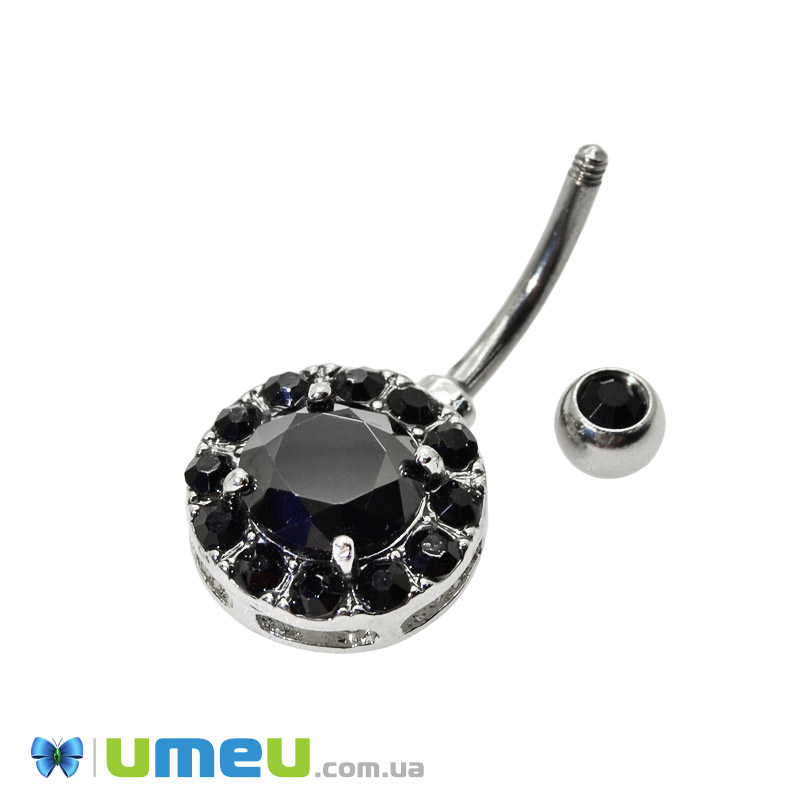 Серьга для пирсинга пупка из нерж. стали, Темное серебро, 29х13 мм, Черная (OSN-048049)