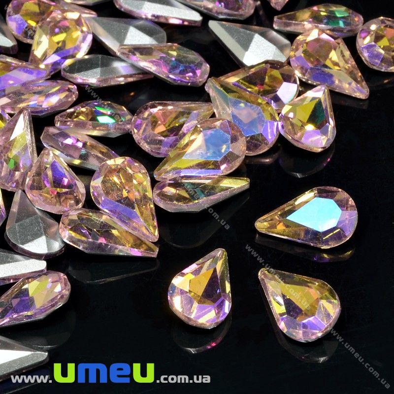 Ріволі скляний, Крапля гранована, Райдужний, 13х8 мм, Рожевий світлий АВ (KAB-034010)