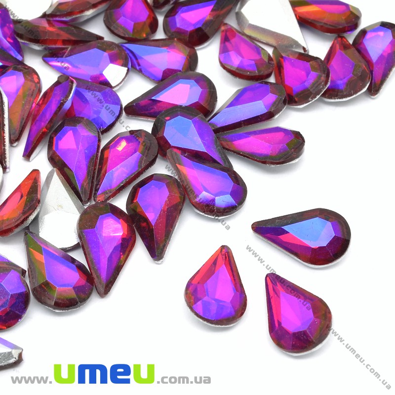 Ріволі скляний, Крапля гранована, Райдужний, 13х8 мм, Малиновий АВ (KAB-034012)