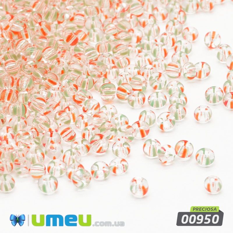Бісер чеський №892/00950, Прозорий у червоно-зелену смужку, 10/0 (BIS-043991)