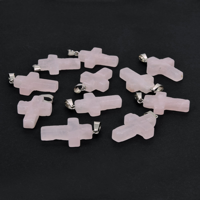 Подвеска Крест, Натур. камень Кварц розовый, 30х20х6 мм (POD-057952)