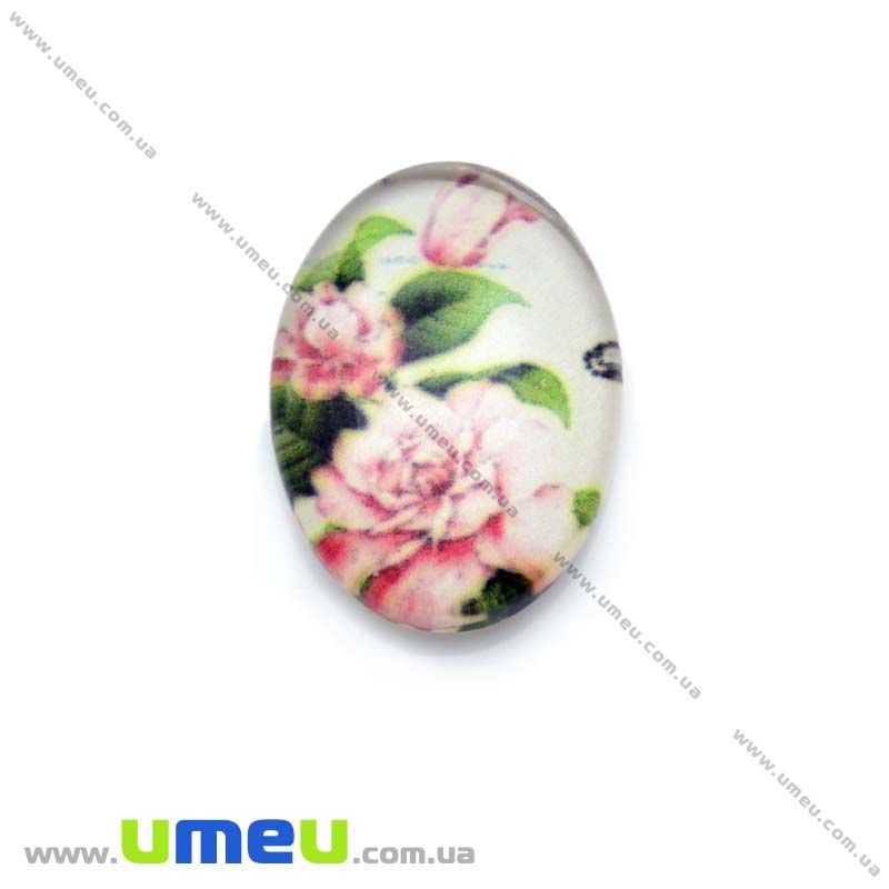 Кабошон скляний з принтом Квіти, 18х13 мм, Овал (KAB-013740)