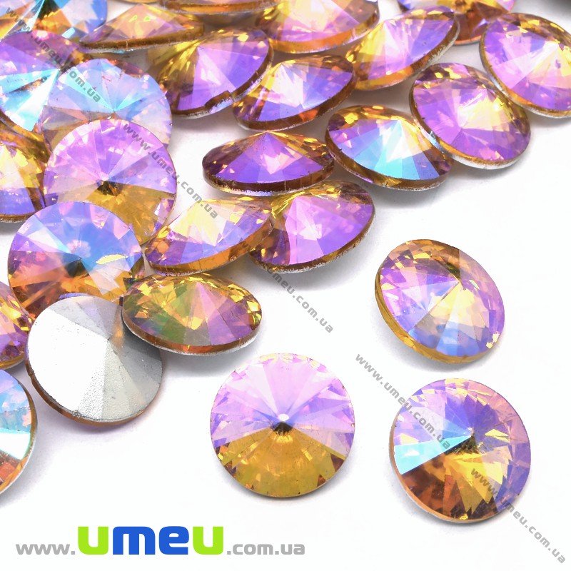 Ріволі скляний, Круглий гранований, Райдужний, 14 мм, Жовтий АВ (KAB-033911)