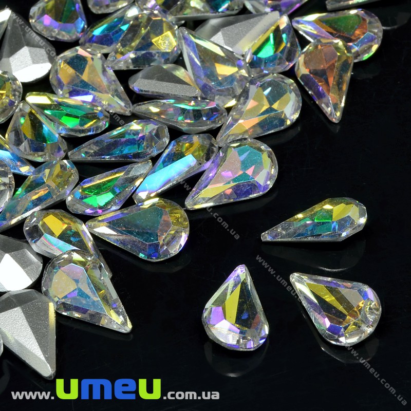 Ріволі скляний, Крапля гранована, Райдужний, 13х8 мм, Бузковий АВ (KAB-034007)