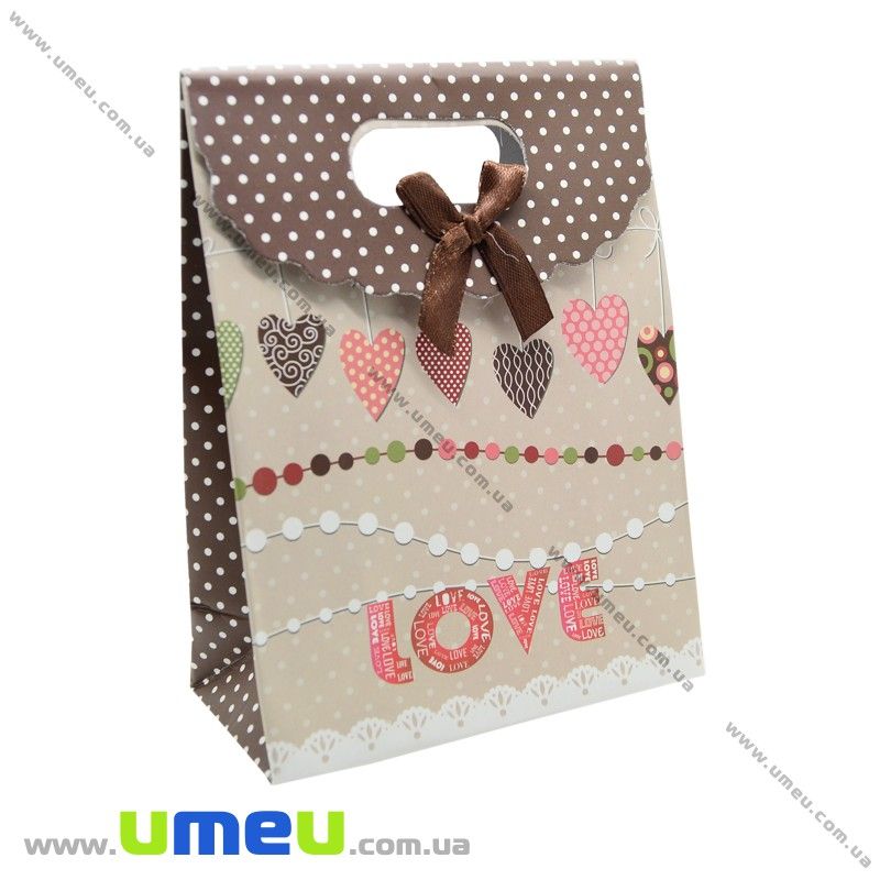 Подарунковий пакет на липучці, Серденька, Бежевий, 16х12х6 см (UPK-020404)