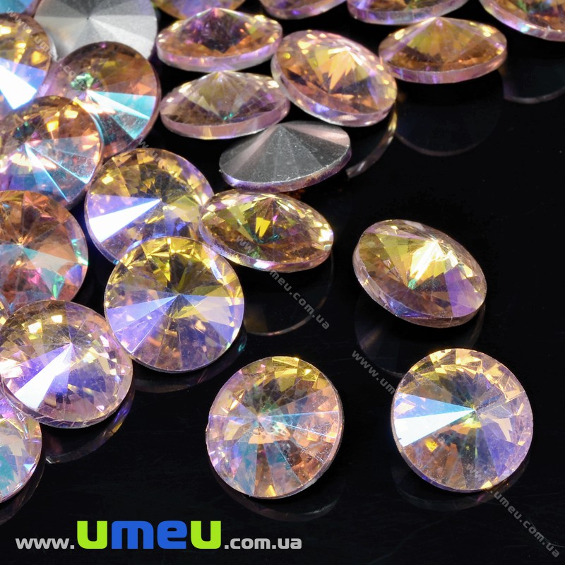 Ріволі скляний, Круглий гранований, Райдужний, 12 мм, Рожевий світлий АВ (KAB-033902)