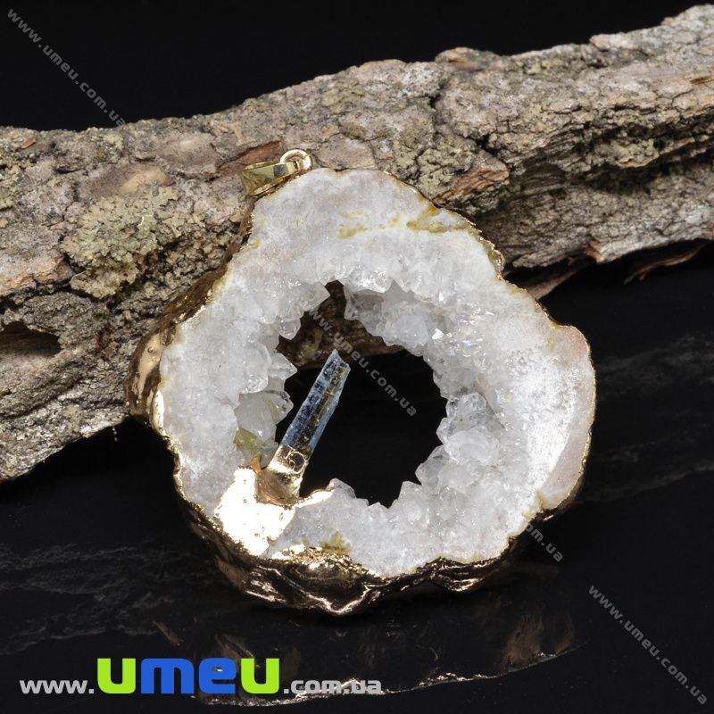 Підвіска з натурального каменю Друза Гірського кришталю з кіанітом в металі, 61х49 мм (POD-031592)