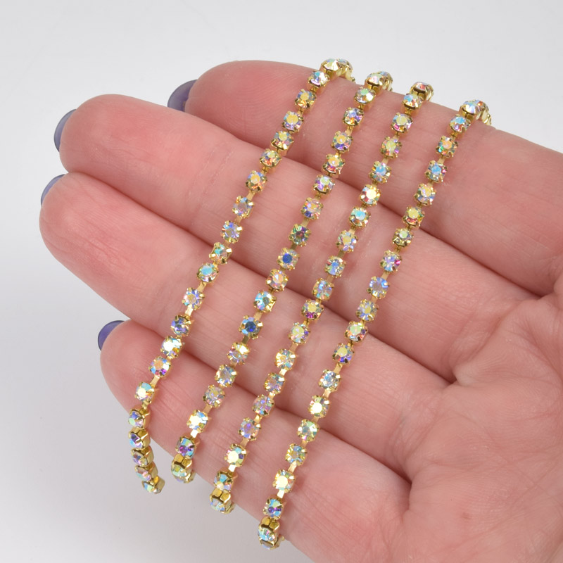 Стразовая цепь SS10 (2,6 мм), Золото, Стразы стеклянные белые АВ (ZEP-047556)