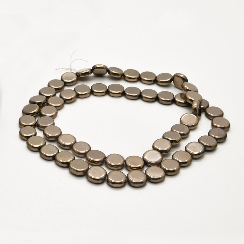 Намистини Гематит, Нат. камінь, Круглі плоскі, 8х3 мм, З покриттям, Золотисті (BUS-054021)