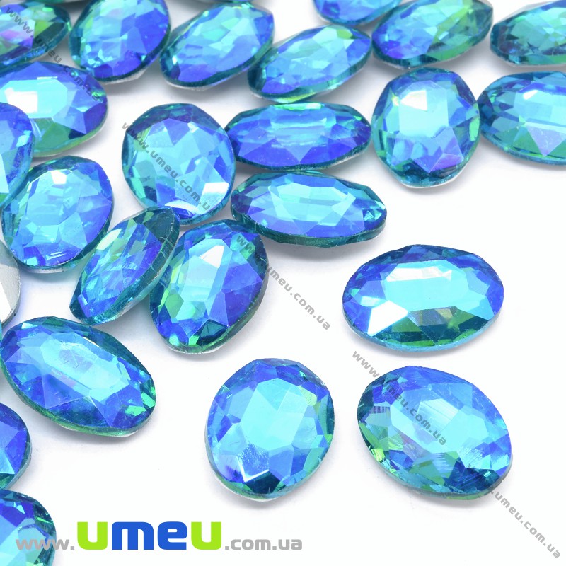Ріволі скляний, Овал гранований, Райдужний, 18х13 мм, Блакитний АВ (KAB-033990)