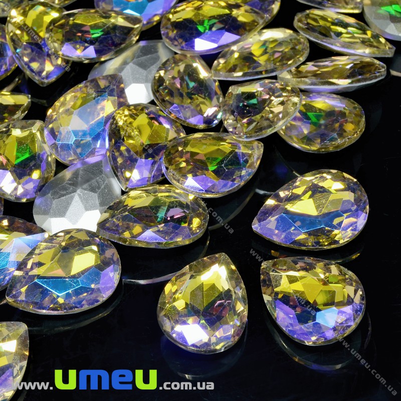 Ріволі скляний (2 сорт), Крапля гранована, Райдужний, 14х10 мм, Сірий АВ (KAB-033968)