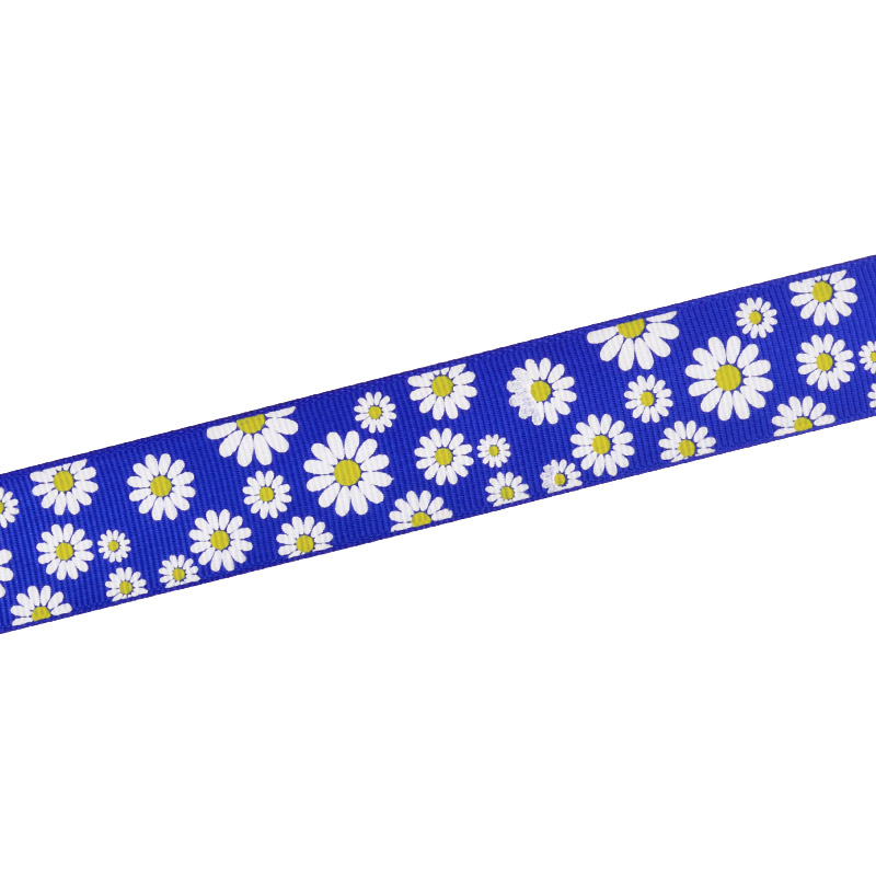 Репсова стрічка з малюнком Ромашки, 25 мм, Синя (LEN-054886)