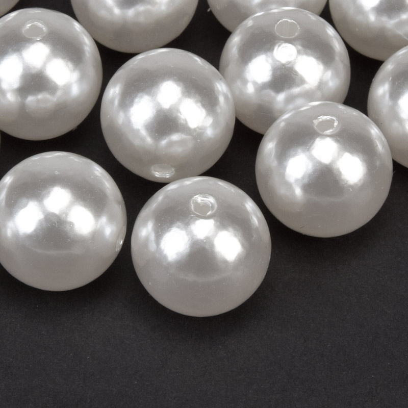 Намистини пластикові, Круглі Перли, 16 мм, Білі (BUS-059597)