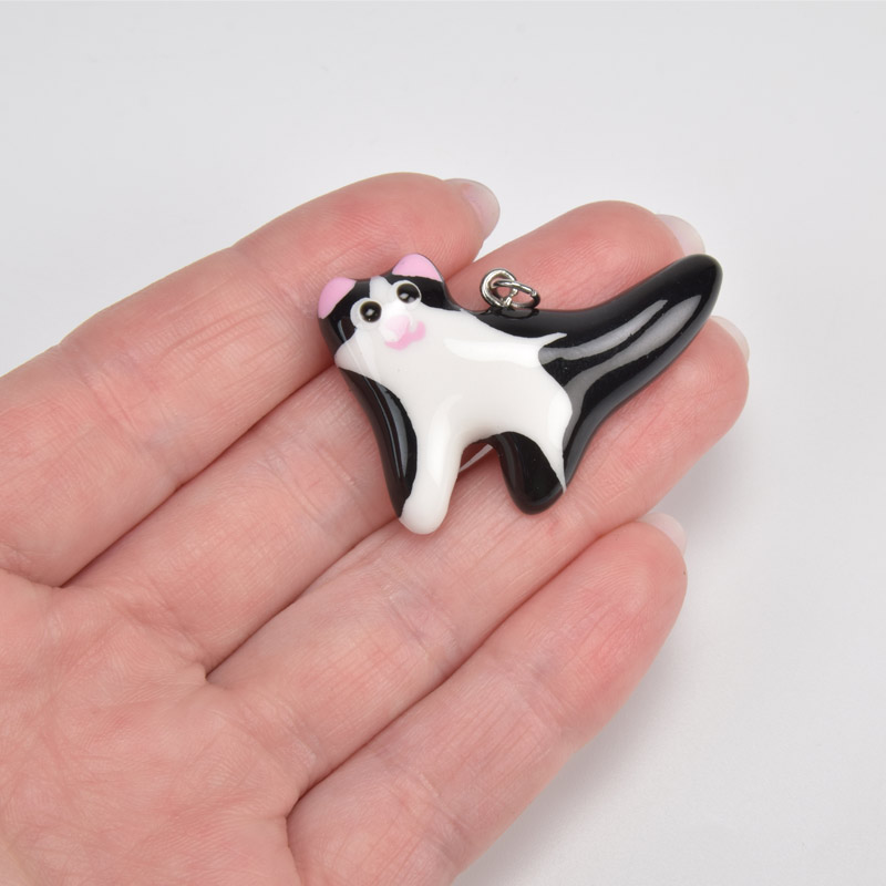 Підвіска Котик з полімерної глини, 40х27 мм, Чорно-білий (POD-059379)