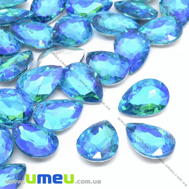 Ріволі скляний, Крапля гранована, Райдужний, 18х13 мм, Блакитний АВ (KAB-033969)