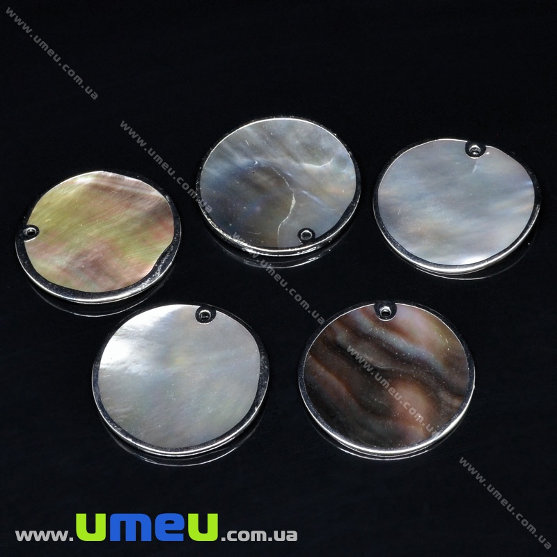 Підвіска з натурального каменю Кругла, Перламутр чорний, 30 мм (POD-022136)