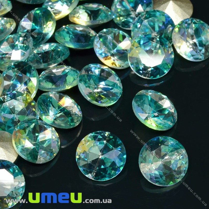 Ріволі скляний, Круглий гранований, Кристал, 10 мм, Жовто-бірюзовий (KAB-033937)